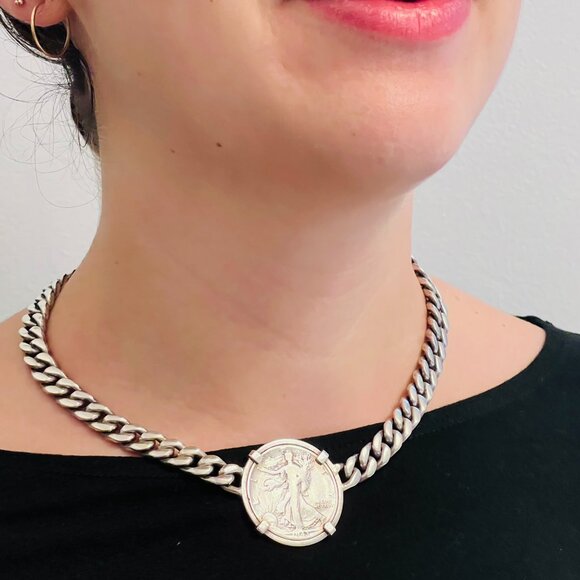 Custom Solid .925 Sterling Silver Miami Curb Chain Vintage Coin Necklace - Picture 3 of 10